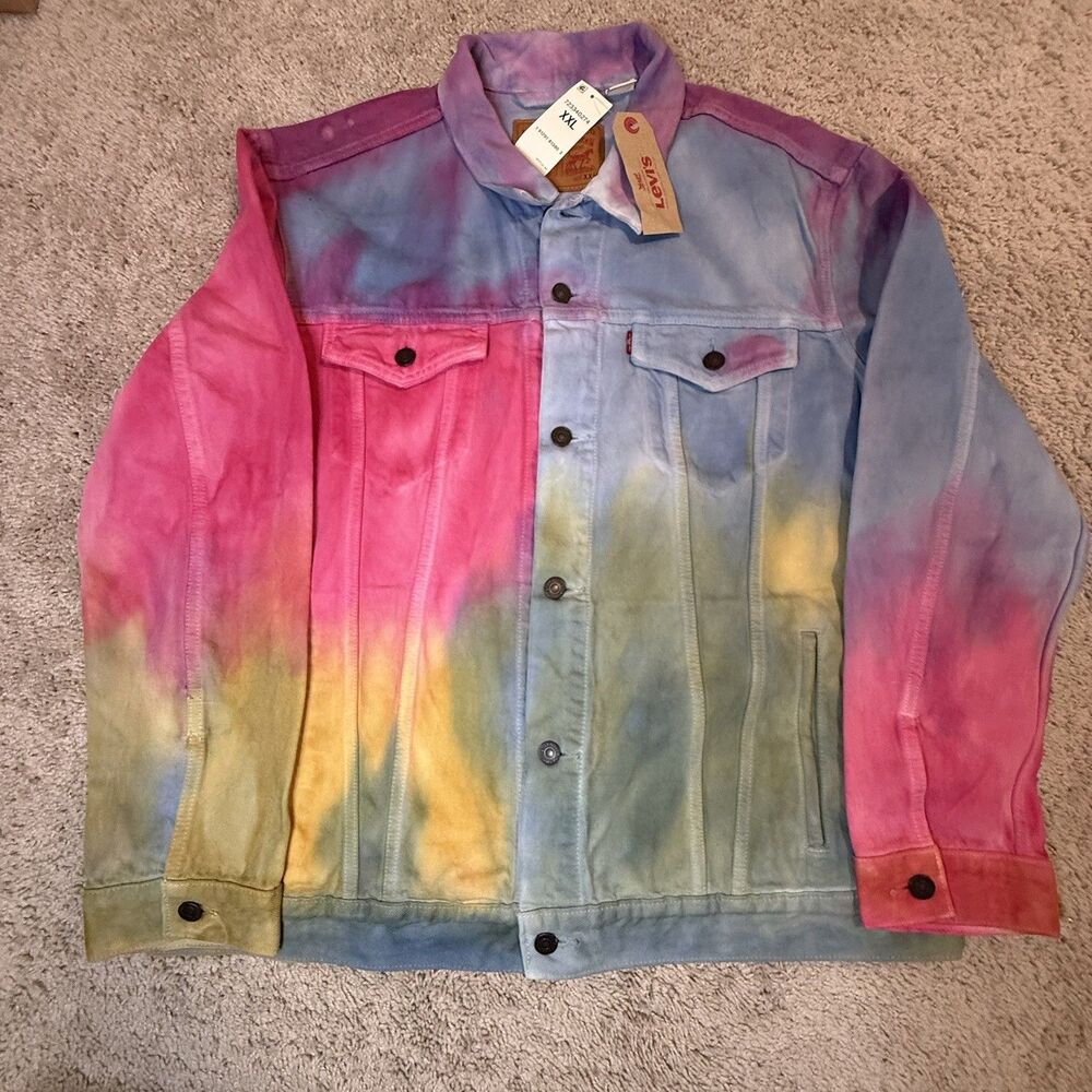 Levis Premium TIE DYE Blue Purple Pink Denim Trucker Jacket Mens XXL Red Tab